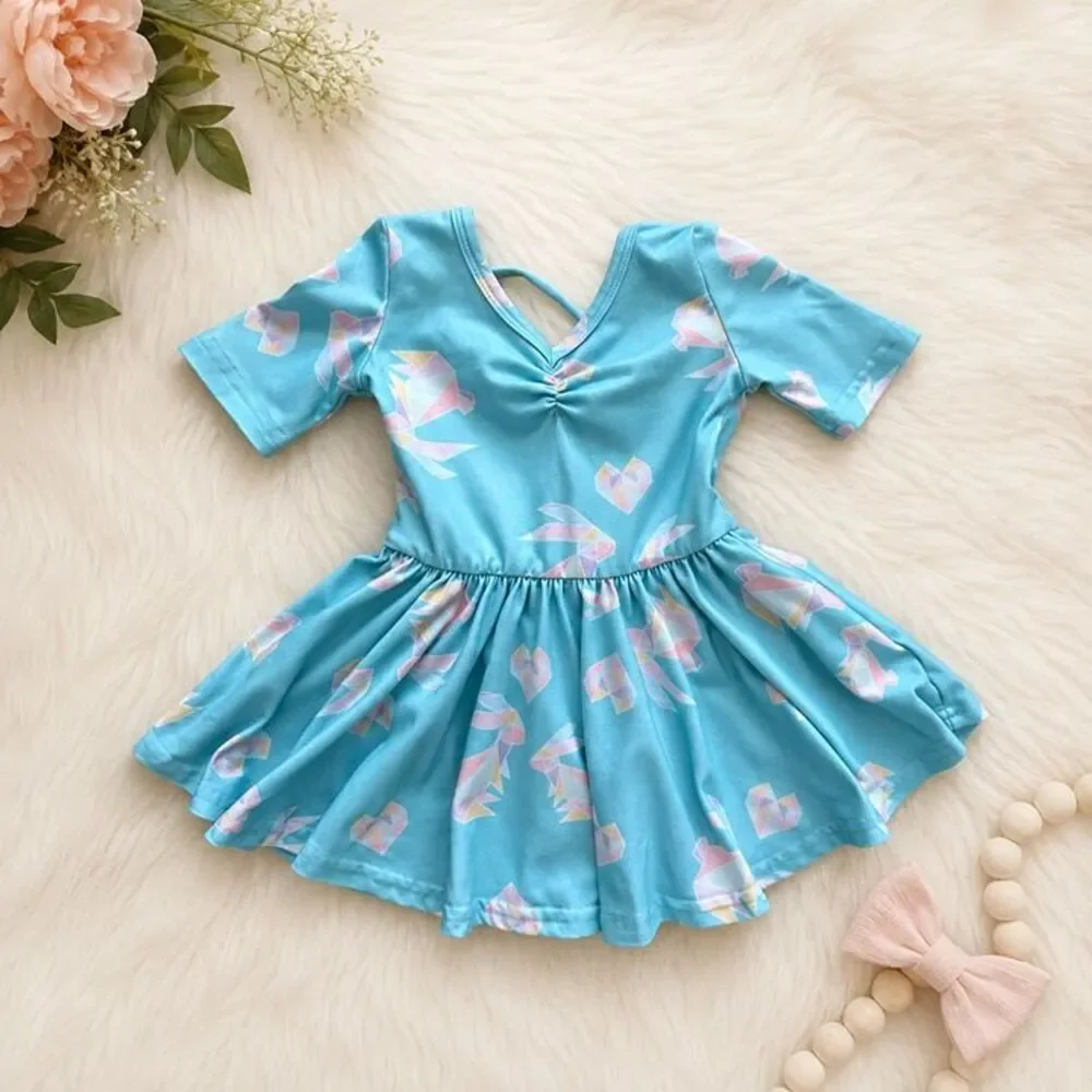 Dot Dot Smile Baby Girls 6-12M Blue Bunny Heart Twirl Dress Strappy Back Soft